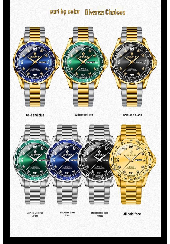 Binbang Men's Green Submariner Quartz Watch, Double Calendar, Steel Band, Business Waterproof.