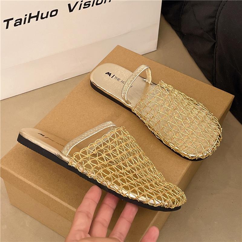 Fashion Summer Sandals with Skirt Mesh French Women's New 2025 Bag Head High-heeled Sandals Half Slippers Hole Shoes