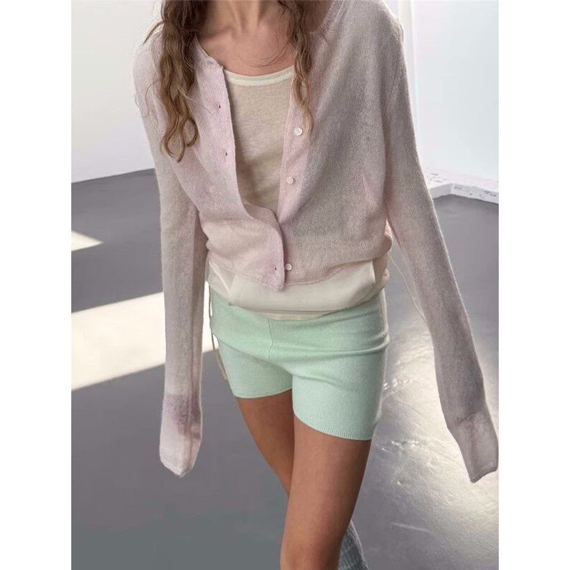 

In Stock Korean Dongdaemun Vegetable Spring and Summer New Misty Light Pink Long-Sleeve Knit Cardigan for Women Light Pink Other