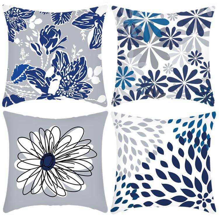 New Pillowcase Blue Simple Floral Letter Printing Pillow Home Sofa Cushion Cover