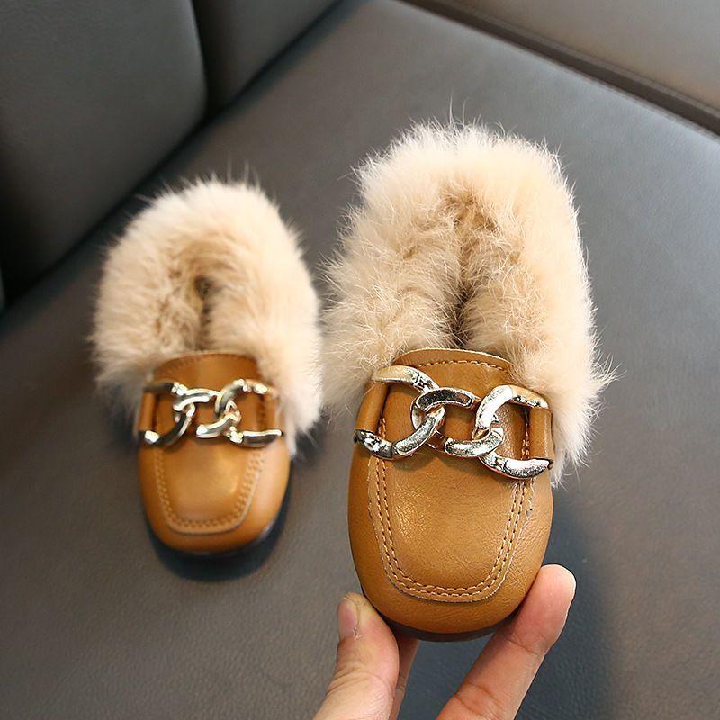 2025 autumn and winter new girls fluffy shoes baby velvet Doudou princess shoes soft sole children's rabbit fur warm cotton shoes