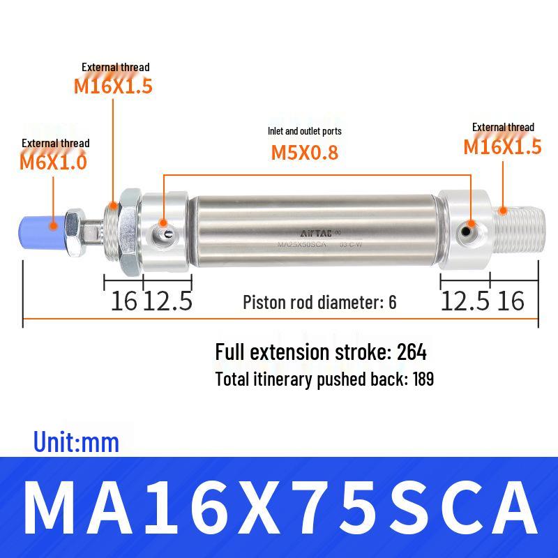 AirTAC Stainless Steel Mini Cylinder MA Series - Sizes: 16/20/25/32 mm x 15/25/30/50/75/100/125-SU