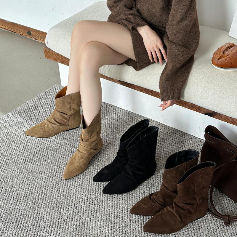 

Retro thick-heeled mid-tube boots thick-legged pants 2025 autumn new cigarette boots pleated stacking boots fashionable single shoes 39 хаки