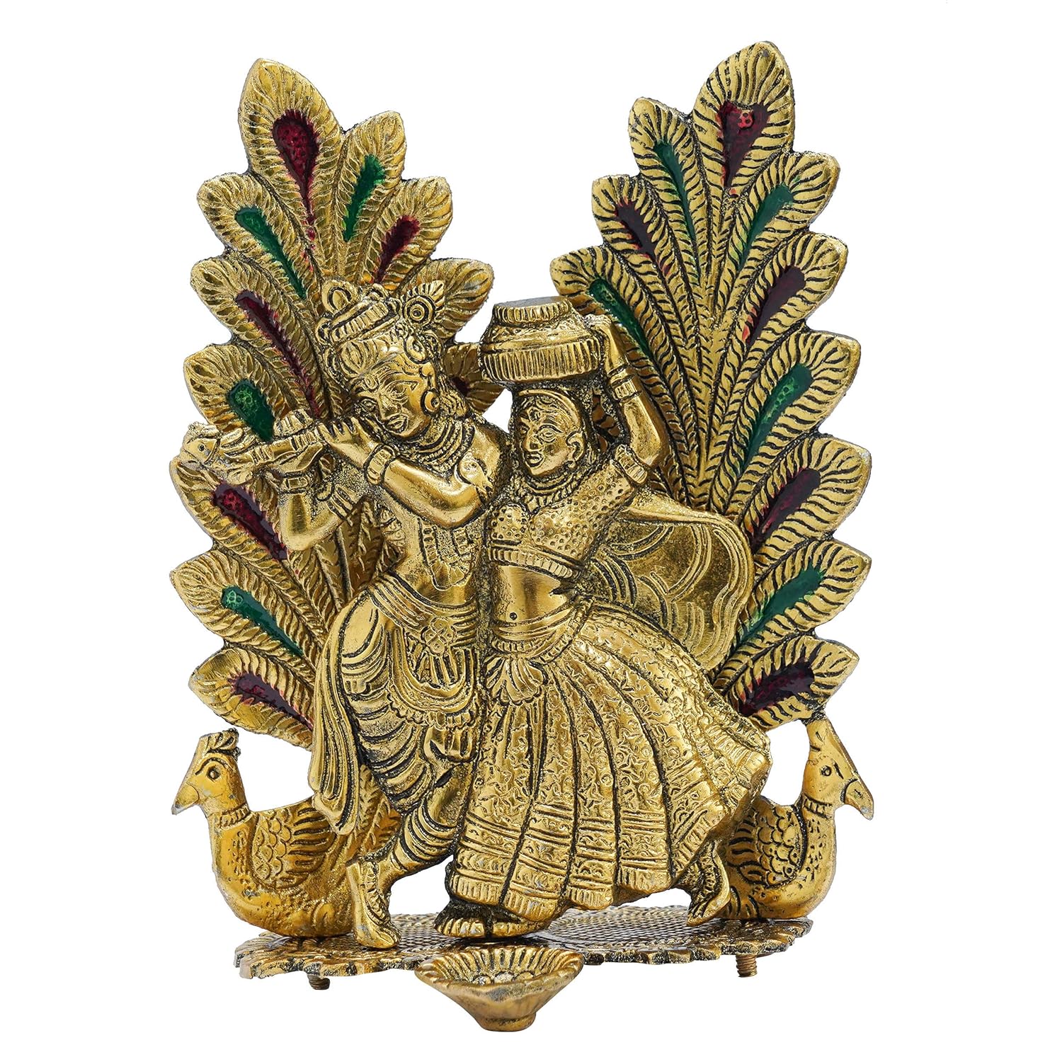 Radha Krishna Idol With Diya Peacock Design Decorative Showpiece Statue, Brass