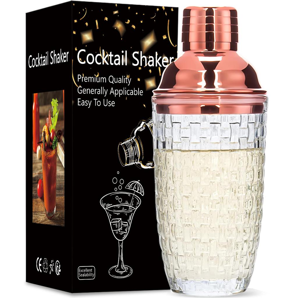 Glass Cocktail Shaker Woven Texture Glass Stainless Steel Lid Cocktail Glass with Leak-Proof Metal Steel Lid and Strainer