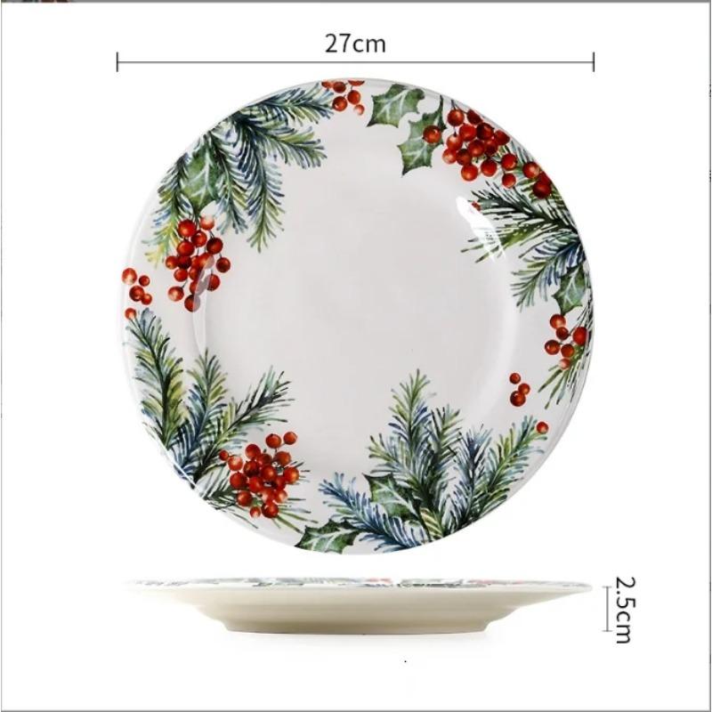 Christmas Ceramic Dinner Santa Christmas Tree Round Plate Dessert Dish Flat Dinner Plate Easy To Clean Home Snack Western Plates