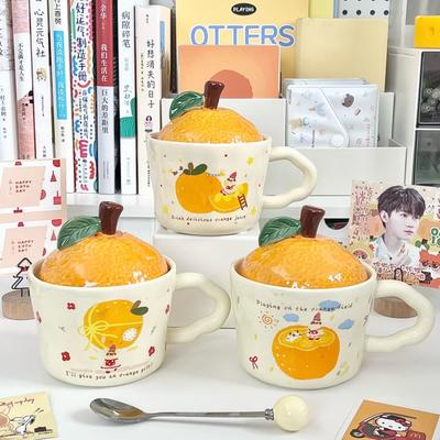 Cute Orange Girl Cup High Looking Ceramic Mug with Lid In Office Drinking Water Cup for Girls Birthday Gift