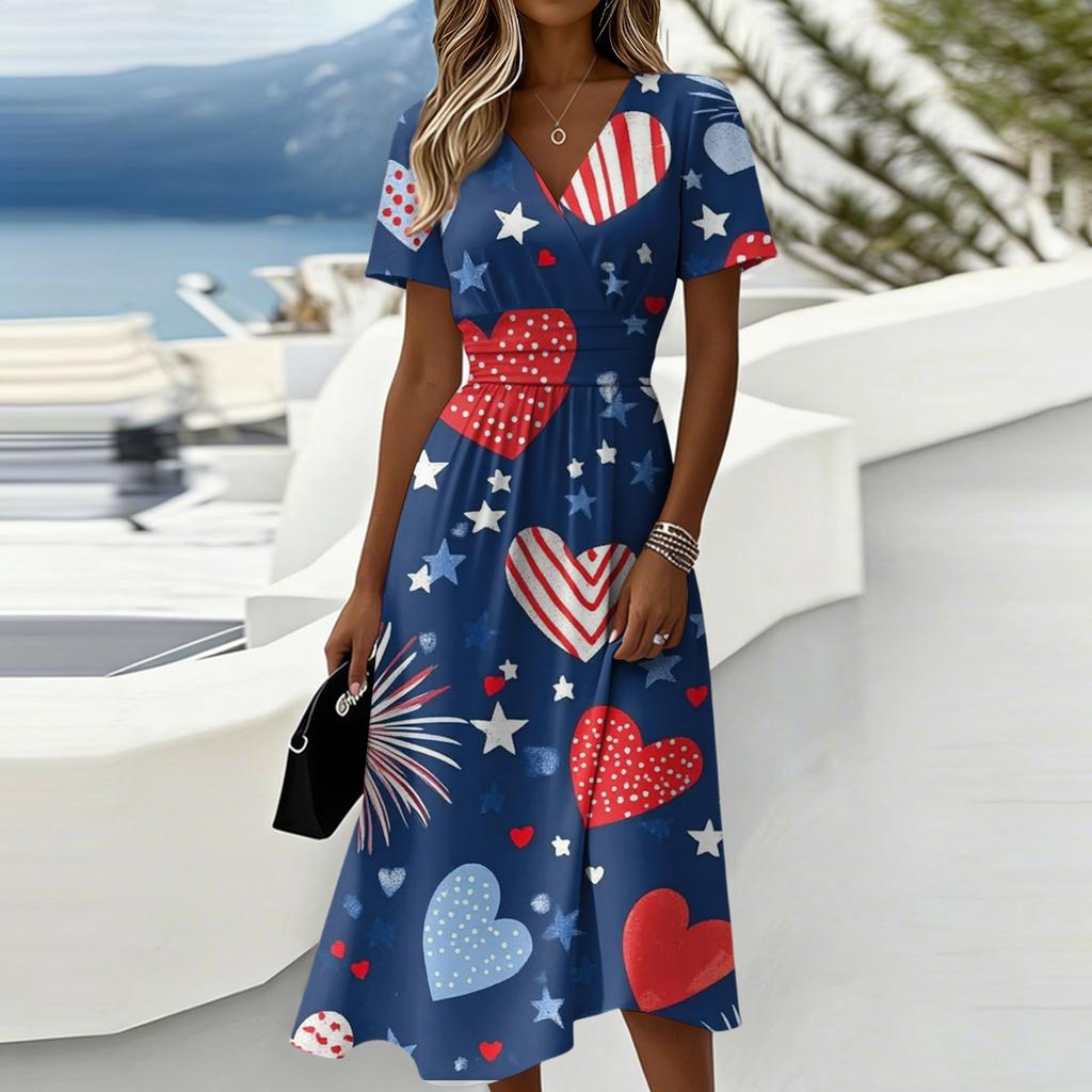Women's Fashionable V Neck Short Sleeved Independent Day Print Casual Dress