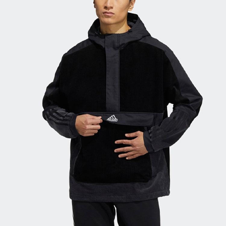 adidas Corduroy Hooded Sports Jacket with Half Zipper and Logo Patchwork Men Jackets Black HD0365