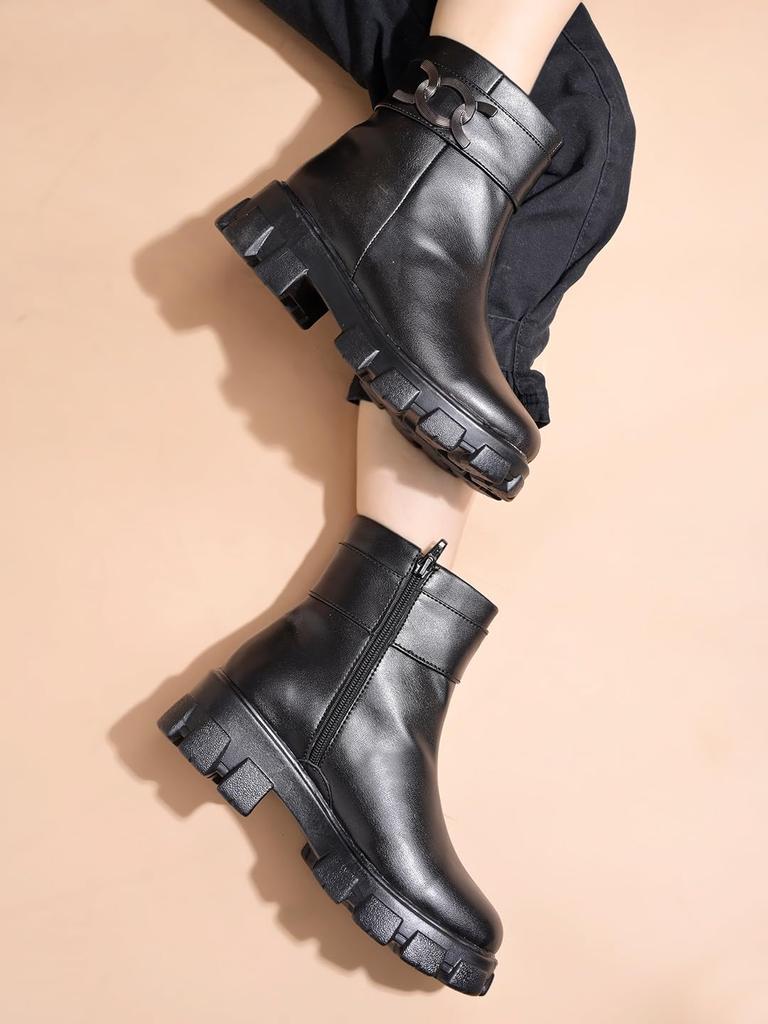 Shoetopia Womens  Chunky Heel Short Booties with Non-Slip Sole, Comfortable Trendy Ankle Boots | Soft Cushioned Sole | Casual, Party & Winter Wear