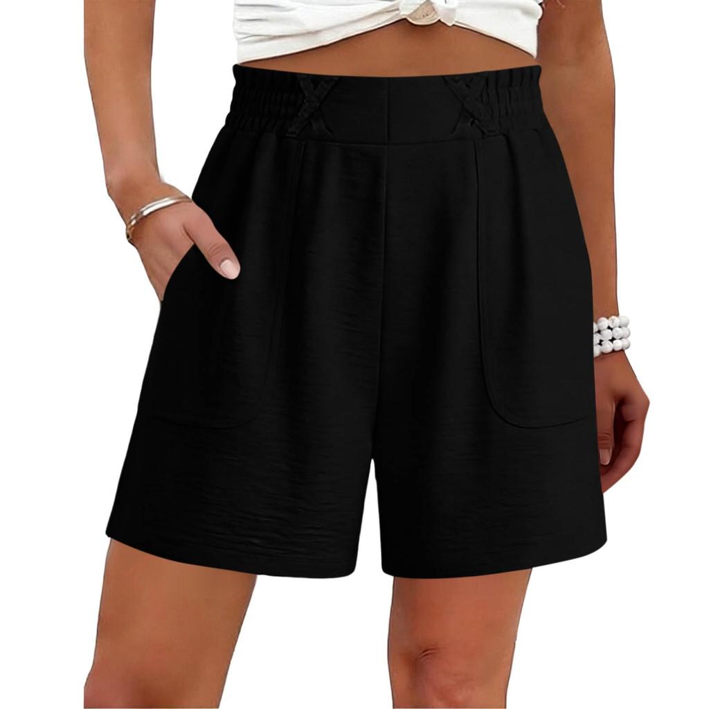 Womens Bermuda Shorts With Pockets Drawstring Elastic Waist Linen Shorts Casual Beach Vacation Summer Clothes
