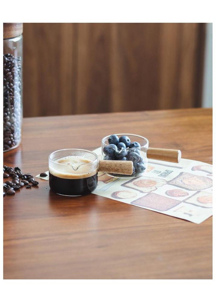 Heat-Resistant Glass Milk Jug with Wooden Handle & Measurement Markings, Ideal for Coffee, Baking & Household Use