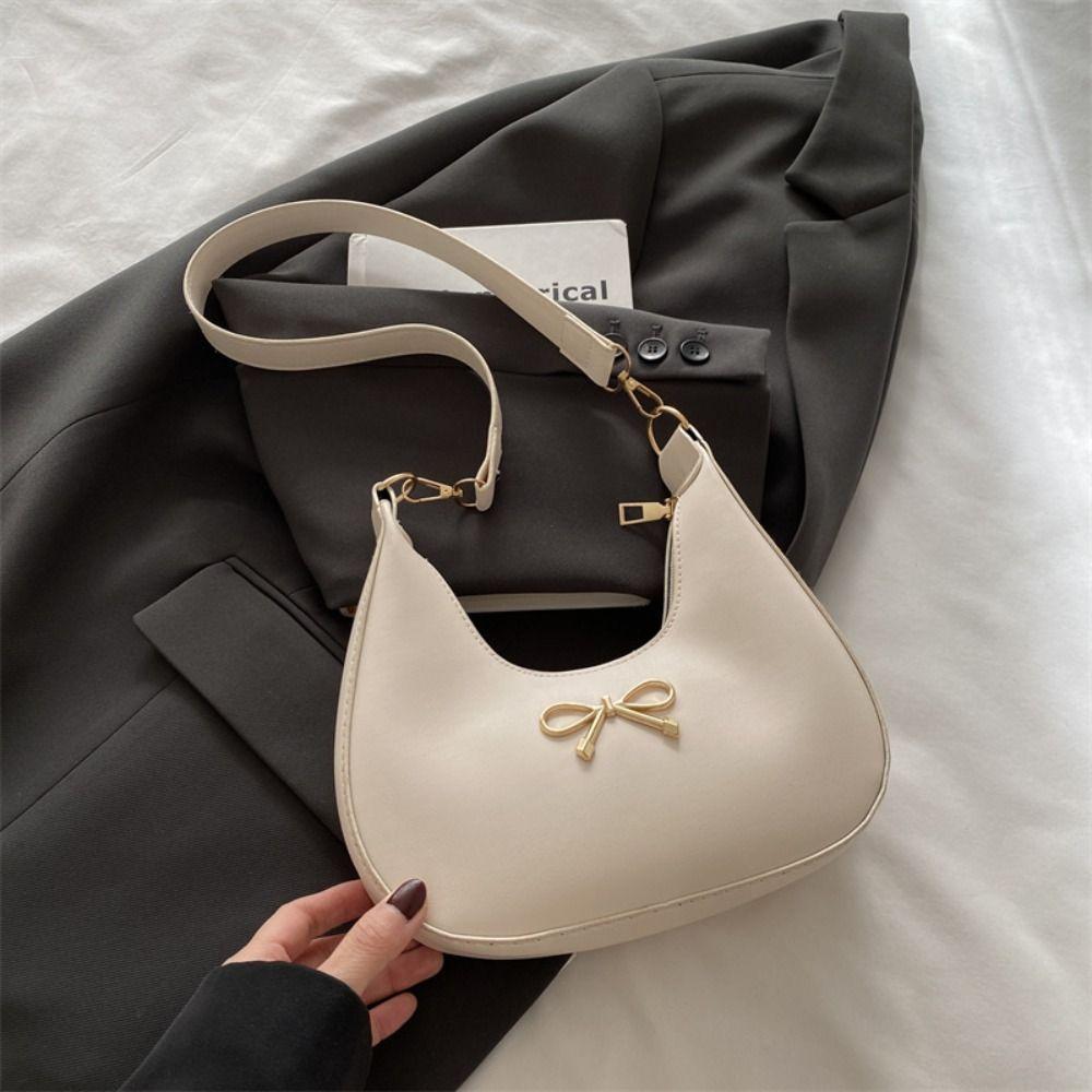 PU Leather Crescent Bag Handbag Crossbody Bag Simple Bow Shoulder Bag  Women
