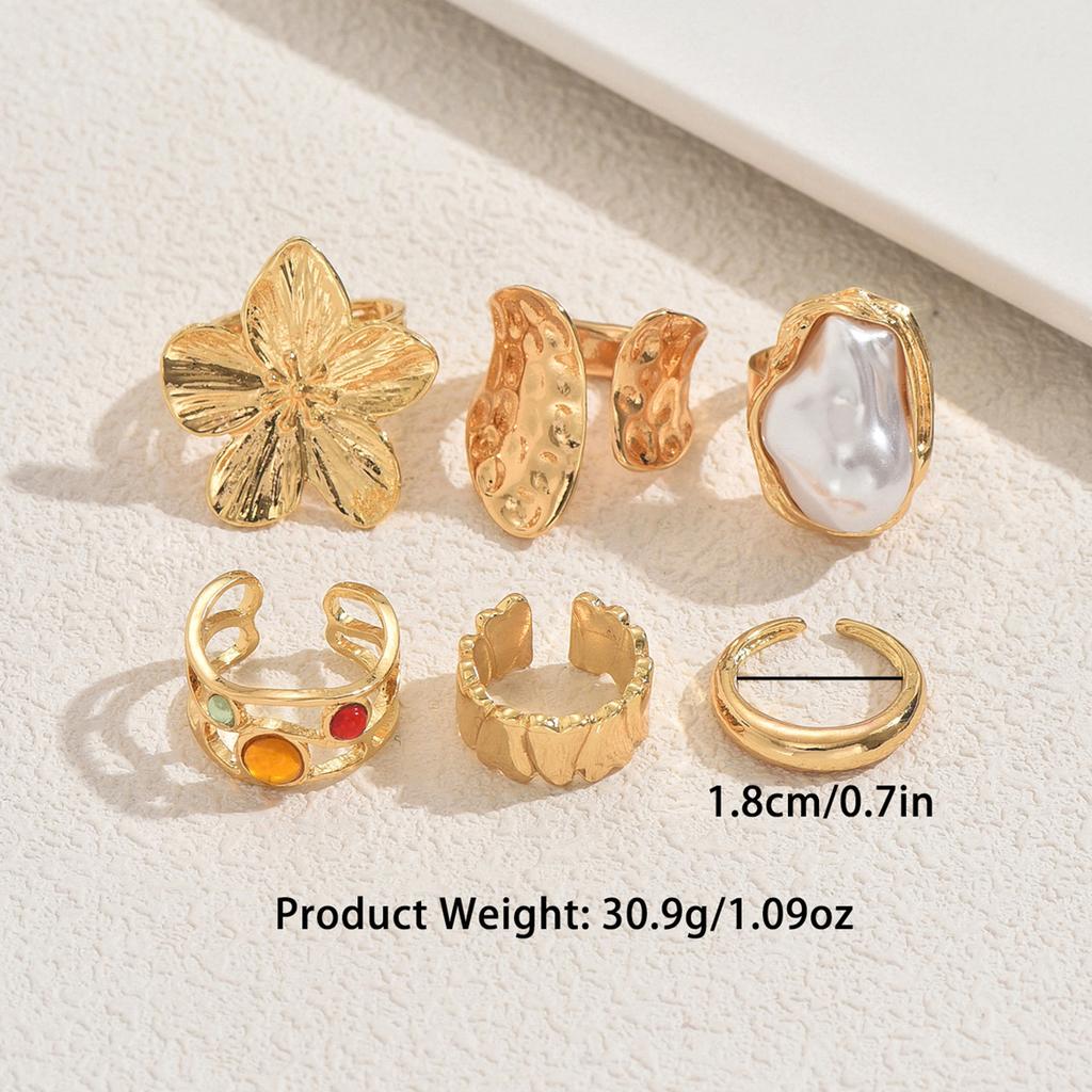 Popular Women's Geometric Ring Set, Niche Flower Inlaid with Special-shaped Pearl Design, Open Index Finger Ring