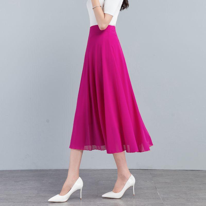 Sommer Neuer Einfarbiger Hellbrauner Chiffonrock Mittellang A-Linie Großer Schwung Damenrock Knielanger Rock