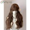 Brown Wig with Bangs Long Curly Wavy Natural Hair for Women 24inch Heat-resistant Fiber Synthetic Wigs Cute Lolita Wig Peruca