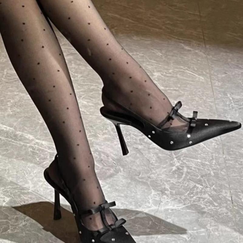 Design Sense Polka Dot Rhinestone Bow Sexy Black High Heels Small Square Head Beautiful Light Mouth Backempty Shoes