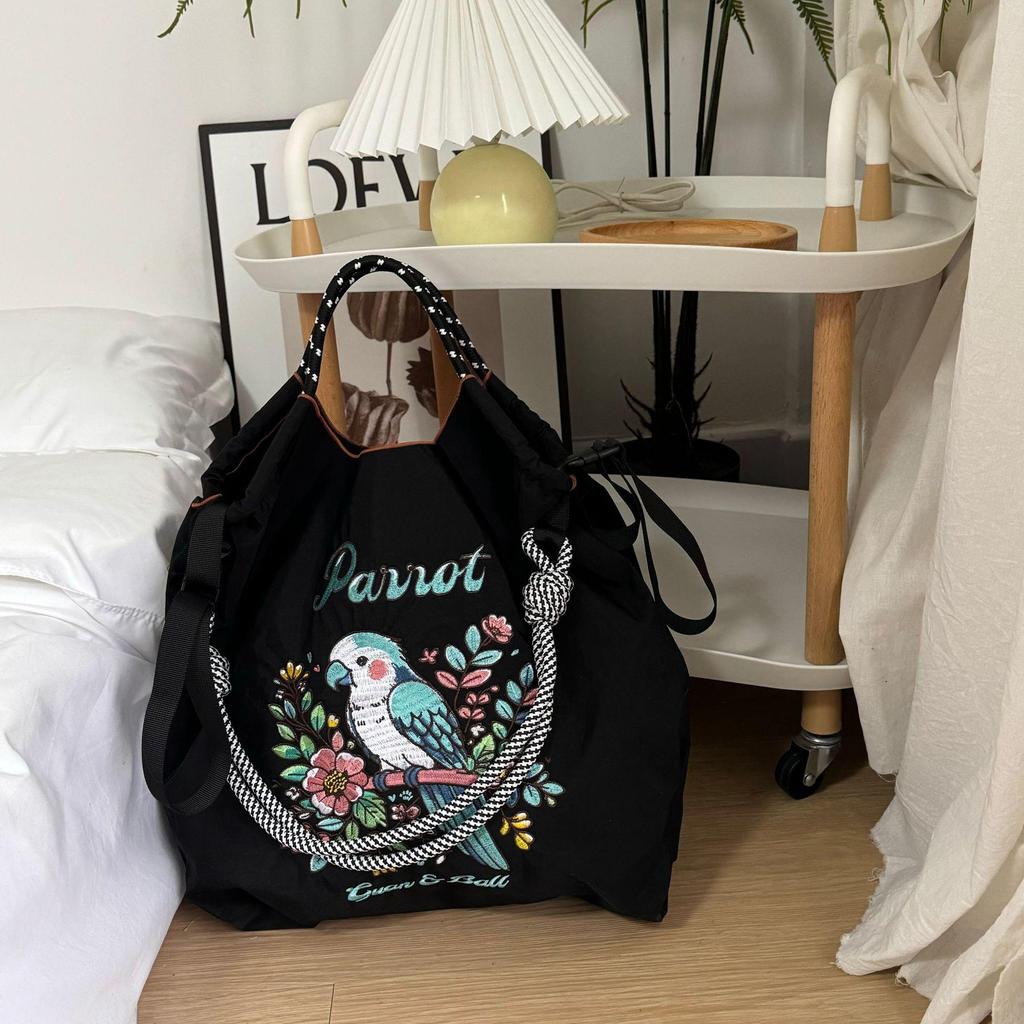 Trendy Large-Capacity Japanese-Style Nylon Embroidery Shoulder Bag for Women