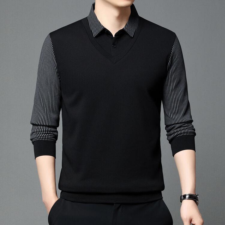 Spring And Autumn Men'S Fake Two-Piece Long-Sleeve T-Shirt, Men'S Business Casual Middle-Aged Striped Polo Shirt Base Layer Top, Men'S Wear