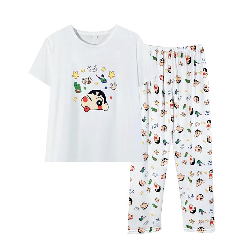 Summer Cool Soft Cute Cartoon Crayon Small New Pajamas Women's Round Neck Short-sleeved Trousers Set Skin-friendly Outer Loungewear