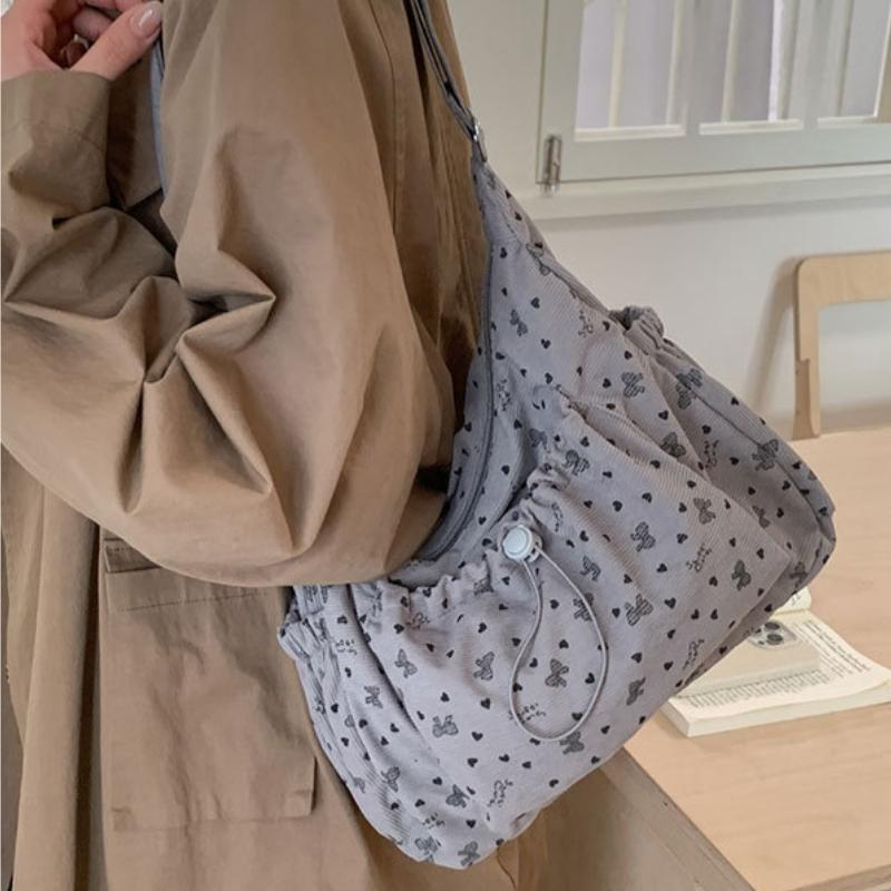High Quality Corduroy Women Bag Simple Cloth Shoulder Bag Large Capacity Crossbody Bag Cute Bow Print Messenger Soft Purse
