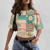 Women’s Crew Neck Printed Short Sleeve Loose Fit Pullover Top Casual Patchwork Style Soft Fabric Lightweight Comfortable Wear