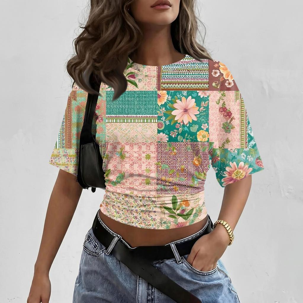 Women’s Crew Neck Printed Short Sleeve Loose Fit Pullover Top Casual Patchwork Style Soft Fabric Lightweight Comfortable Wear