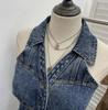 Women's Halter V-Neck Denim Vest: Body-Hugging, Elastic Back, Short, Sleeveless Top. Style 830.