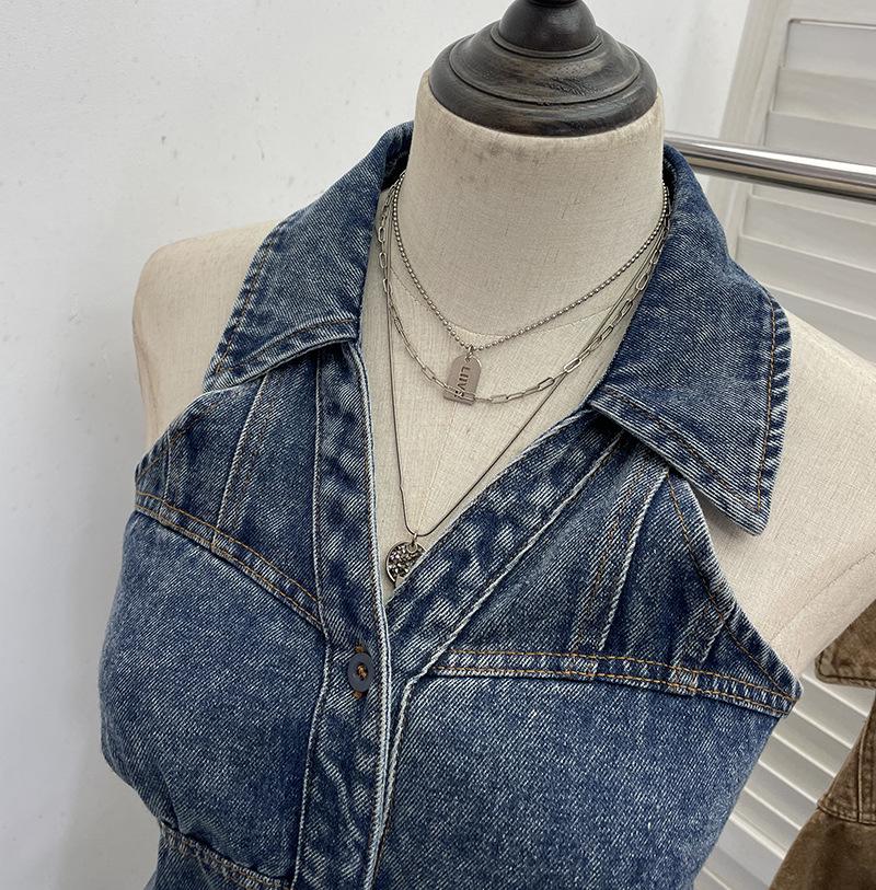 Women's Halter V-Neck Denim Vest: Body-Hugging, Elastic Back, Short, Sleeveless Top. Style 830.