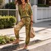 Pantaloni a vita alta regolabili Set estivi da 2 pezzi per donna, Stampa floreale Manica a sbuffo 3/4 Stile bohémien da resort Vestiti Top con scollo a V e abbinamento