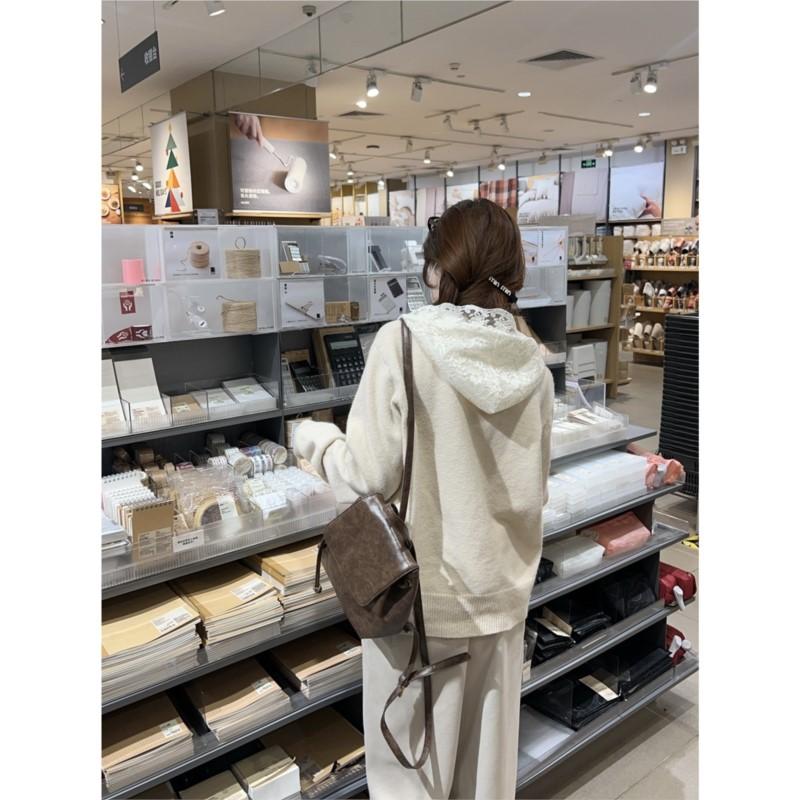 Johnature Korean Style Lace-trimmed Hooded Pearl Button Women Cardigan Sweater Winter Casual Knitted Sweaters