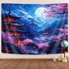 Japanese Tapestry, Purple Cherry Blossom Floral Asian Chinese Oriental Tapestry Wall Haning, Cool Japan Anime Moon Night Mountai