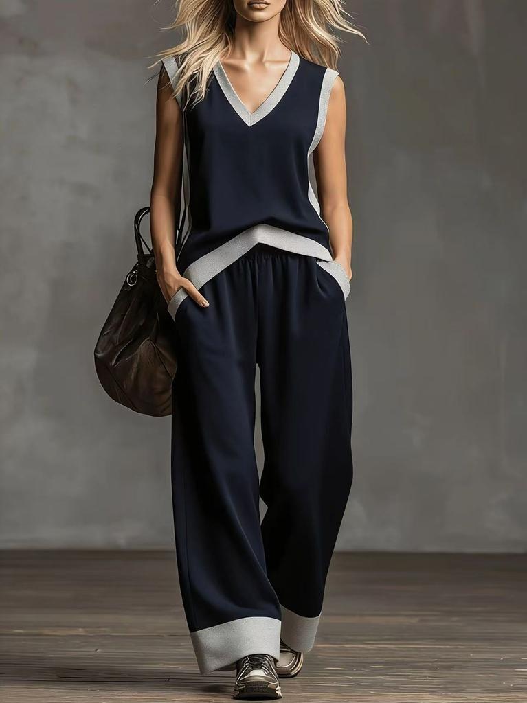 16 French minimalist black and white vertical stripes loose and thin women's suit wide-leg pants two-piece set