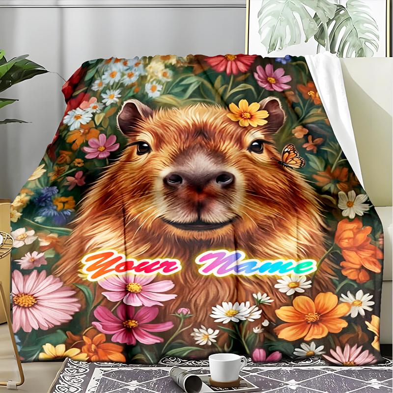 1PC Custom Name Capybara Floral Garden flannel blanket versatile,all-season throw suitable for the living room,bedroom,camping,travel,and gift