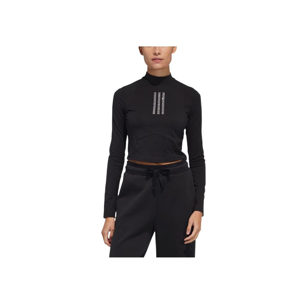 Adidas Classic Three Stripes Diamond Embellished Cropped Long Sleeve Top Women tops Black HB8568