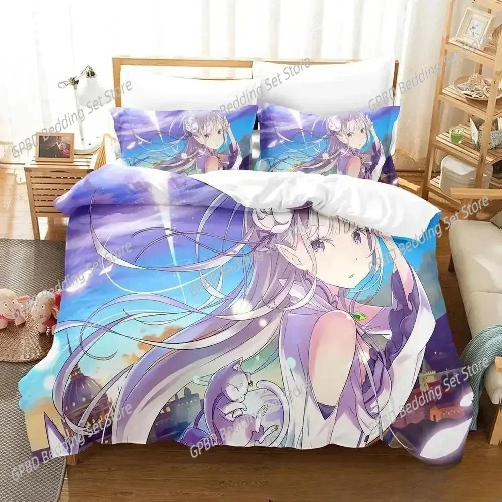 3D Anime Re Zero Rem Ram Emilia 3D Duvet Cover Bedding Set Comforter Linen Pillowcases Home Decor Single Double Twin King Queen