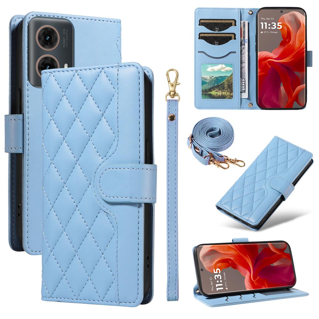 For Motorola Edge 50 Fusion 5G Case Wallet Rhombus Leather Phone Cover with Shoulder Strap,Wrist Strap