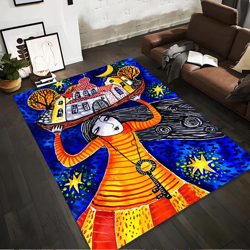 

Colorful Abstract Art Carpet Featuring Woman Holding a House Scene Suitable for use as an anti-slip for living room bedroom sofas 40x60cm( 15x23in )