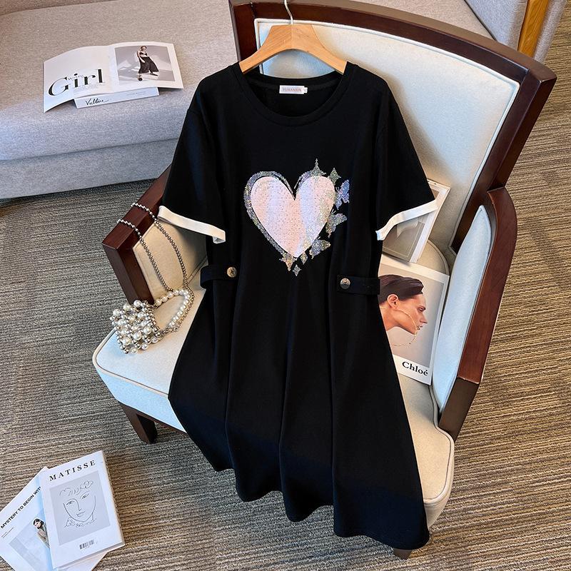 Женское свободное повседневное платье-миди А-силуэта с круглым вырезом и коротким рукавом большого размера