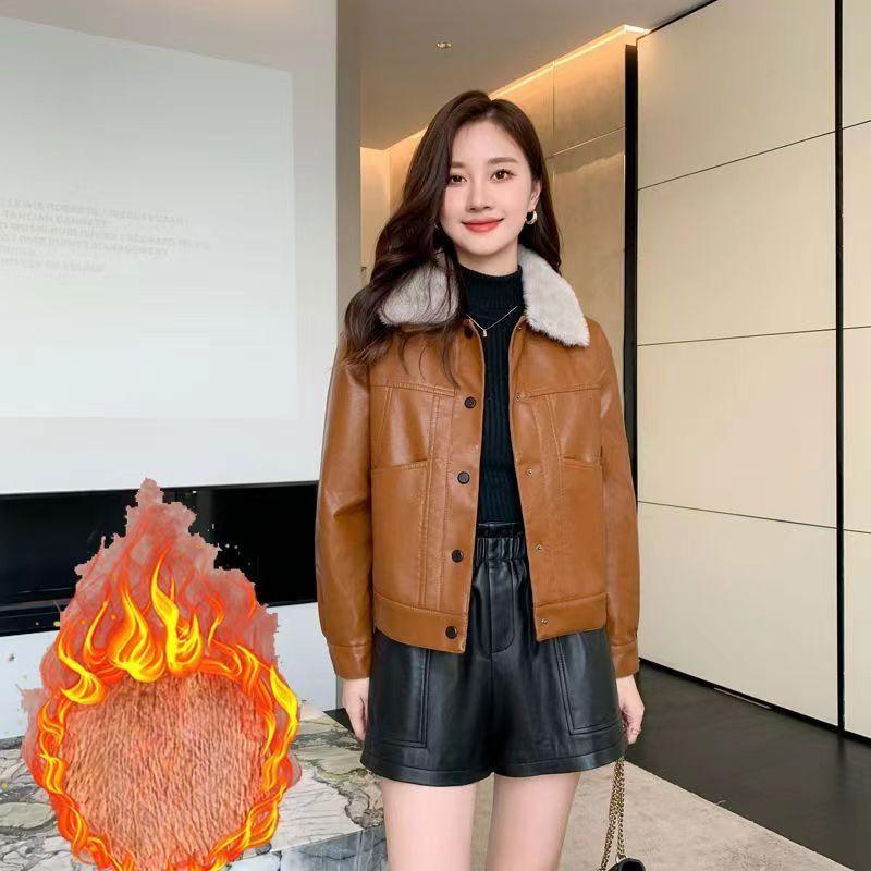Winter Women Leather Jacket Fleece Lined Thick Warm Short Loose Coat