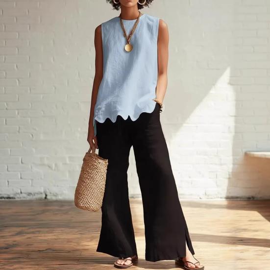 Ärmellose Damen-Tops Atmungsaktives Sommer-Top Lässiges Lockeres Top mit Wellensaum Bequemes Rundhals-Shirt für den täglichen Gebrauch Reisen