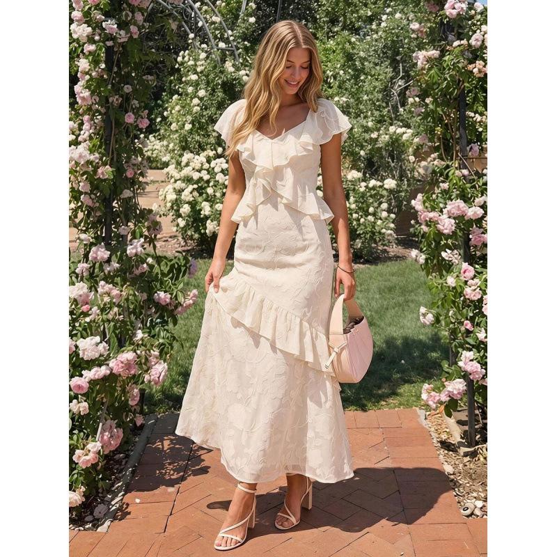 Europe, America 2026 summer new temperament ruffle leaf edge elegant waist thin long dress women XS