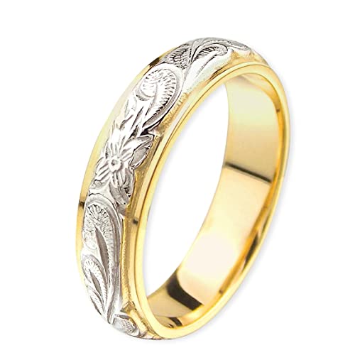 

Aloha Lokahi Hawaiian Jewelry Ring, Surgical Stainless Steel, Double Cutout, Straight Edge, Scroll, Plumeria, Yellow Gold, Size 16