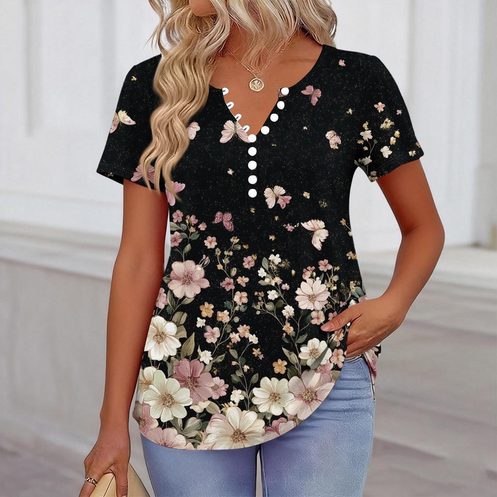 Damen Kurzarm Hemdbluse mit Blumenmuster, Henley-Kragen, Knopfleiste, Lässige lockere Passform, Oberteil für den täglichen Gebrauch und Outdoor-Aktivitäten