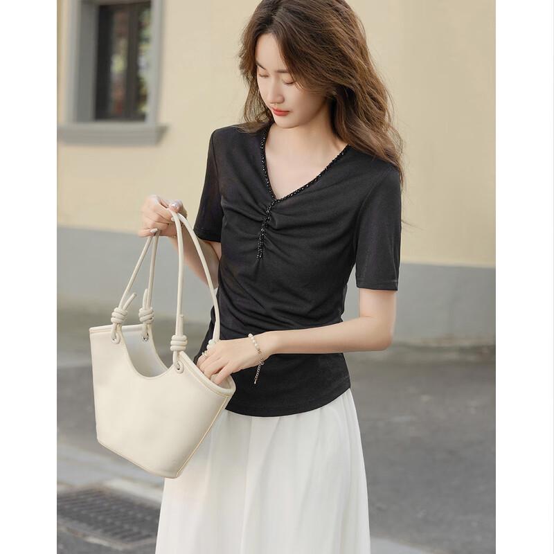 Women s French Style Beaded V-Neck Pleated T-Shirt M