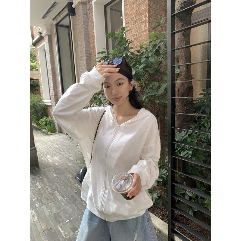 Kumikumi Idle Style All-Match Hood Zip-up Long sleeve Outerwear Women Autumn Loose Slimming Niche Age Reducing Top