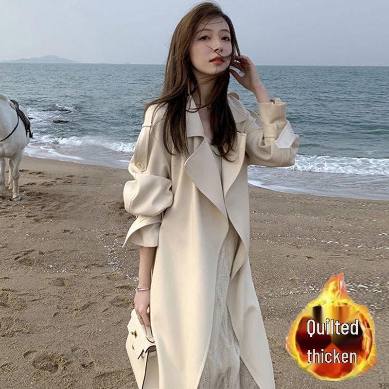 2026 Korean Style Long Drape Trench Coat - Elegant White for Spring & Autumn