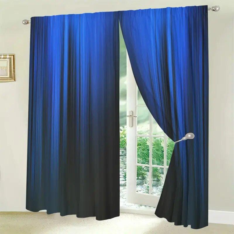 Blue Black Gradient Striped Pattern Printed Curtains Window Decoration Home Room Set Of 2 Made Polyester