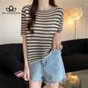 Summer New Hollow Striped Short-sleeved Knitted Top All-match Slim T-shirt Woman Fashion Casual T-shirt