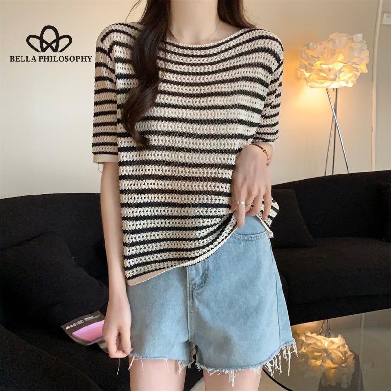 Summer New Hollow Striped Short-sleeved Knitted Top All-match Slim T-shirt Woman Fashion Casual T-shirt